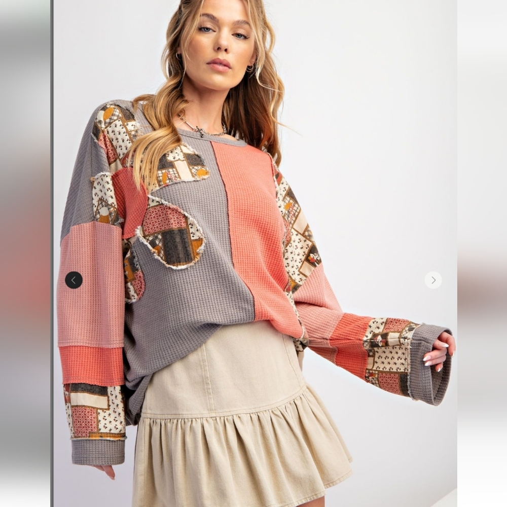 EASEL COLOR BLOCK PATCHWORK THERMAL MINERAL WASHED PULLOVER